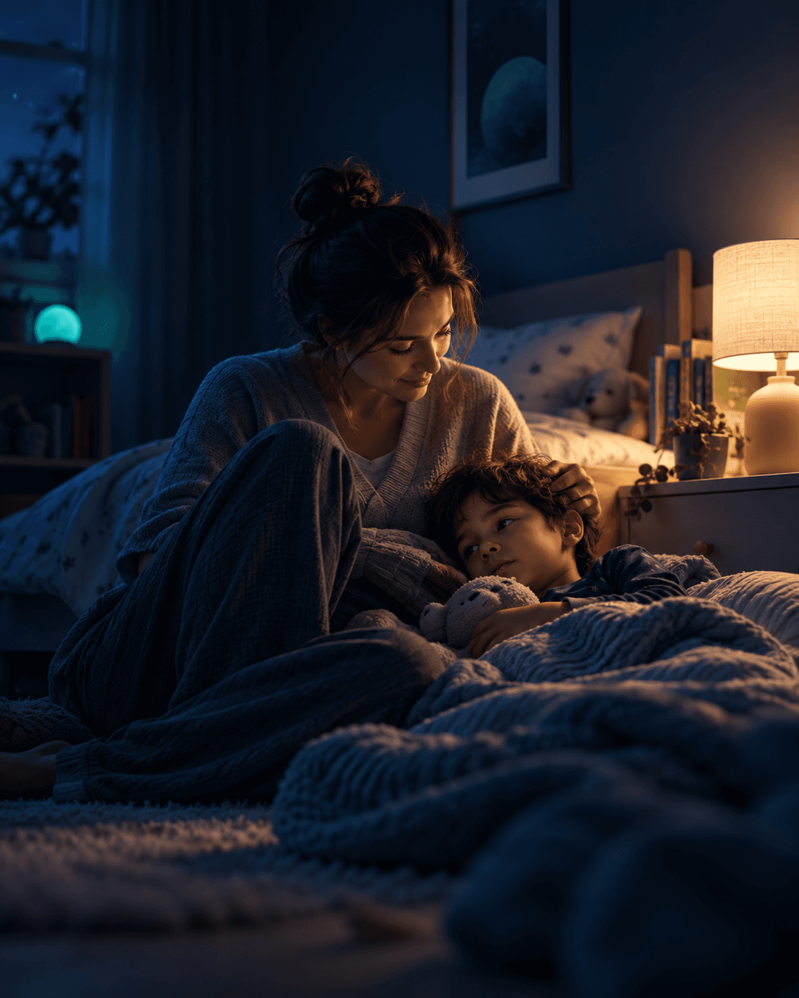 A mother sitting beside her son in bed at night, stroking his hair in the lamp light