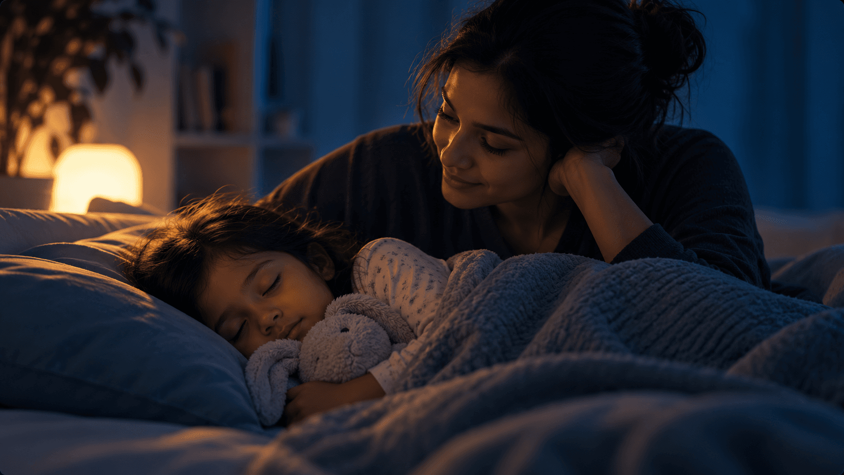 A child asleep with a soft toy, a parent resting beside them in the lamp light