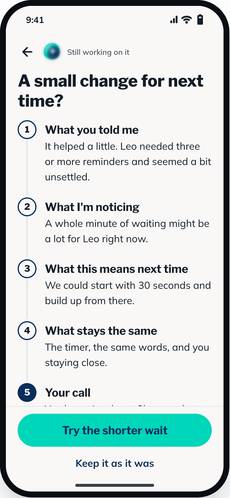 Meytri suggesting “A small change for next time?”: start with a 30-second wait, with buttons to try it or keep things as they were.