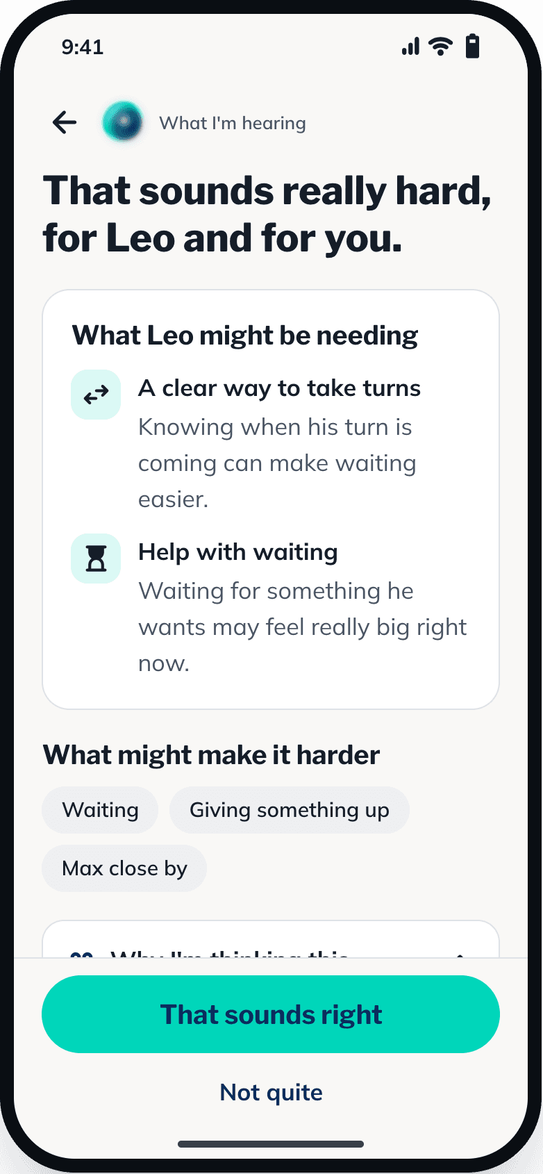 Meytri reflecting back what Leo might be needing: a clear way to take turns, and help with waiting.