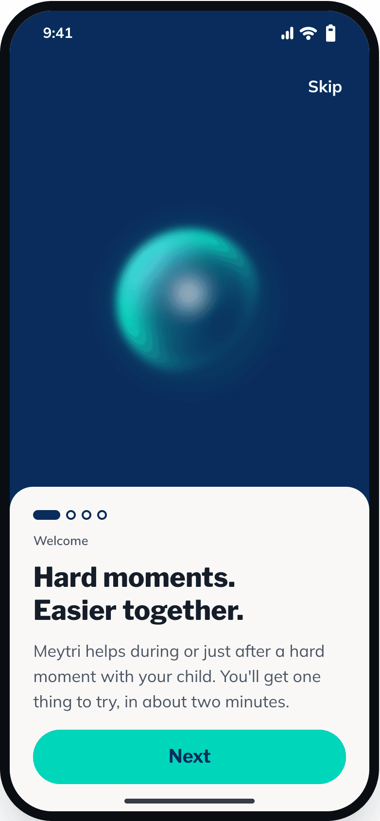 The Meytri welcome screen: “Hard moments. Easier together.”