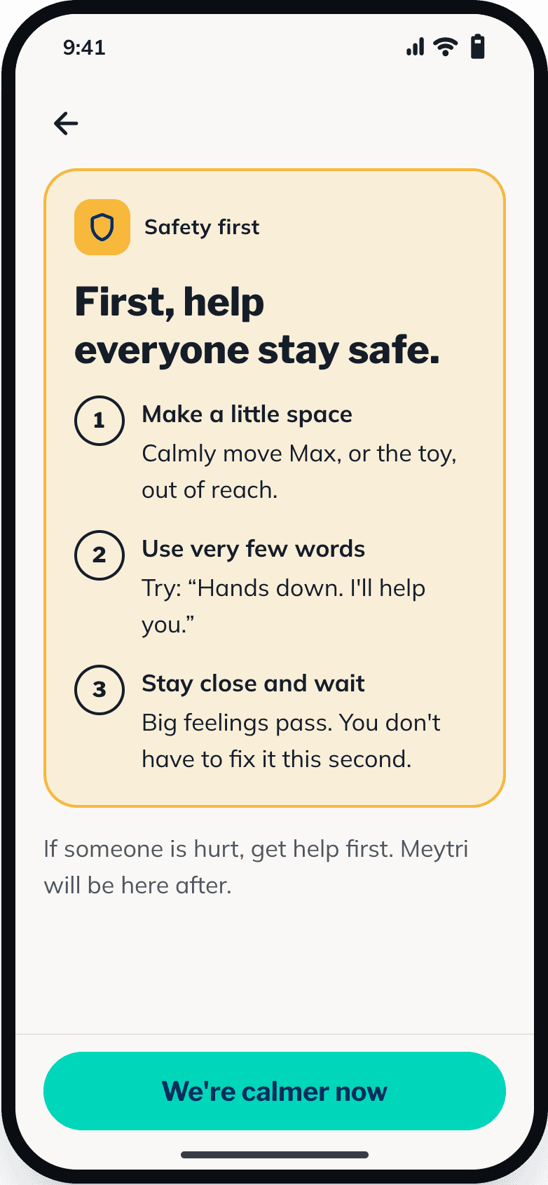The Meytri safety card: “First, help everyone stay safe”, with three steps: make a little space, use very few words, stay close and wait.