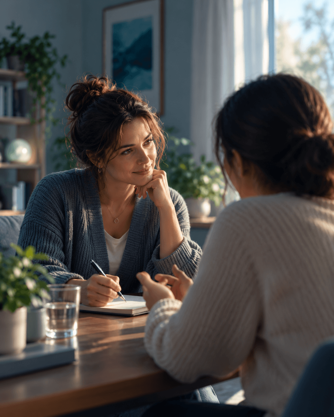 A therapist listening to a parent across a table, a notebook open between them